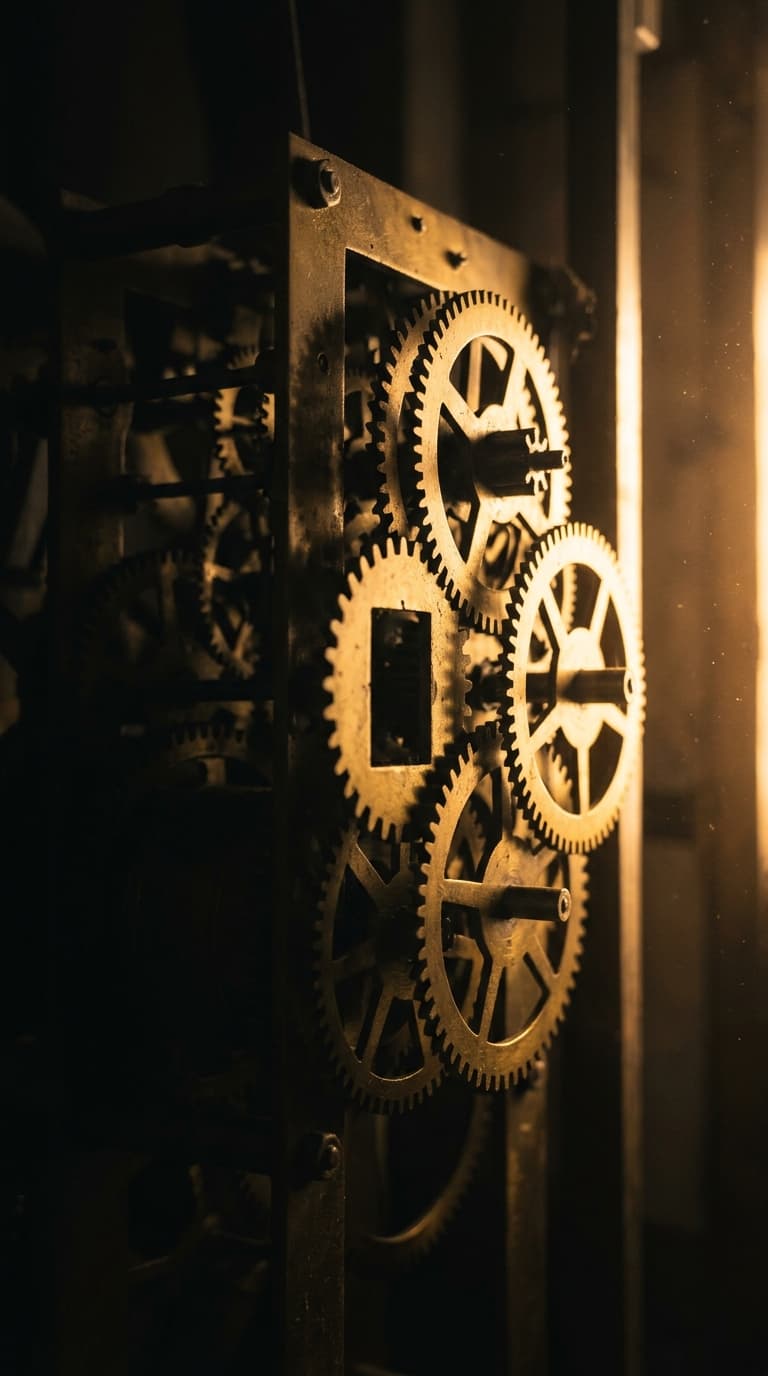 Antiek uurwerkmechanisme in de schaduw met opvallend één ontbrekend tandwiel, het messing warm aangelicht langs de rand, wegvallend in absoluut zwart.