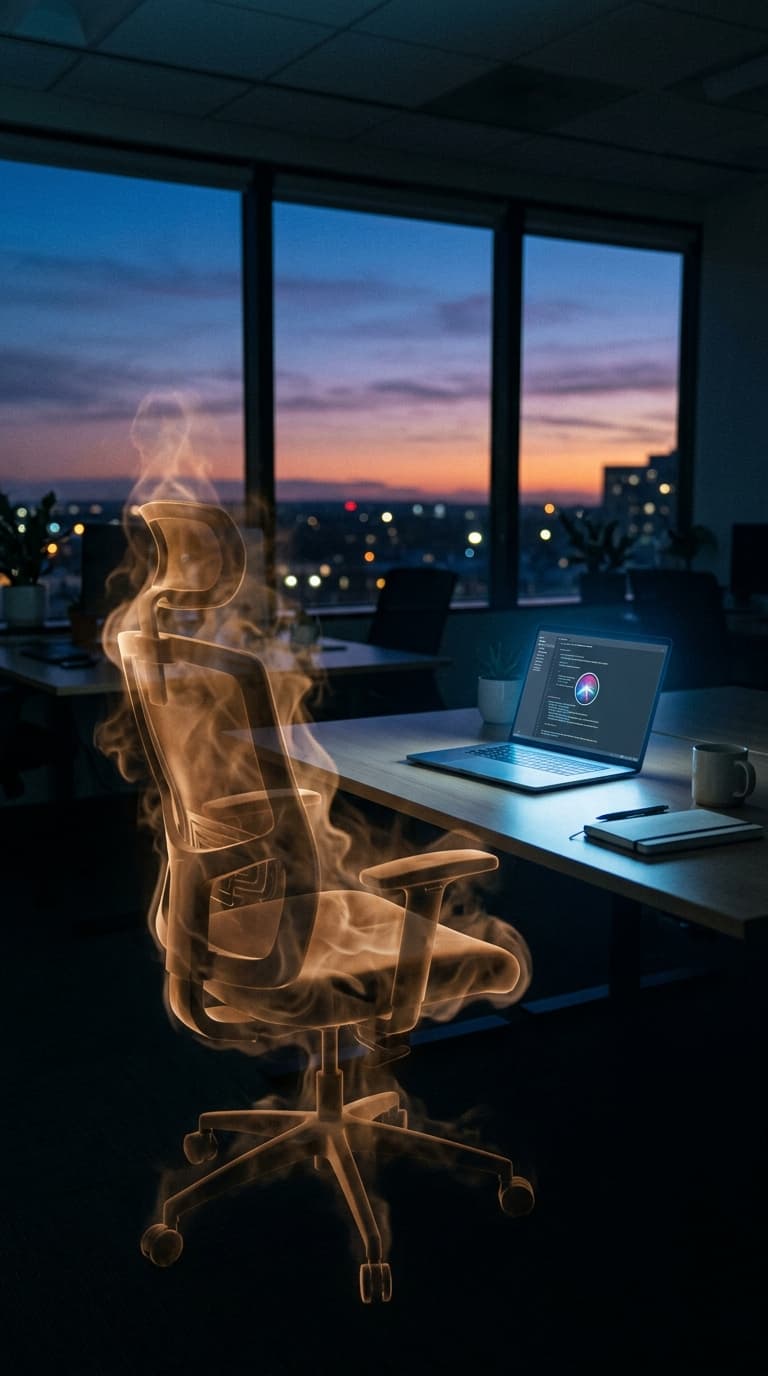 Een lege bureaustoel aan een houten bureau in de schemering, het silhouet van de stoel doorschijnend van amberkleurige rook, één gloed van een laptop.