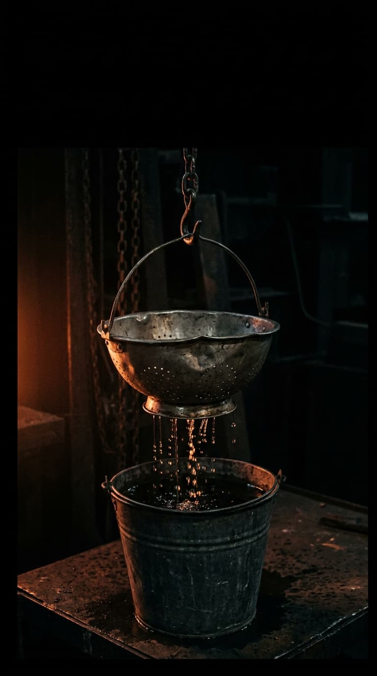 A battered steel colander suspended from a chain above a half-filled zinc bucket, thin streams of water draining through its holes like sparks, black all around.
