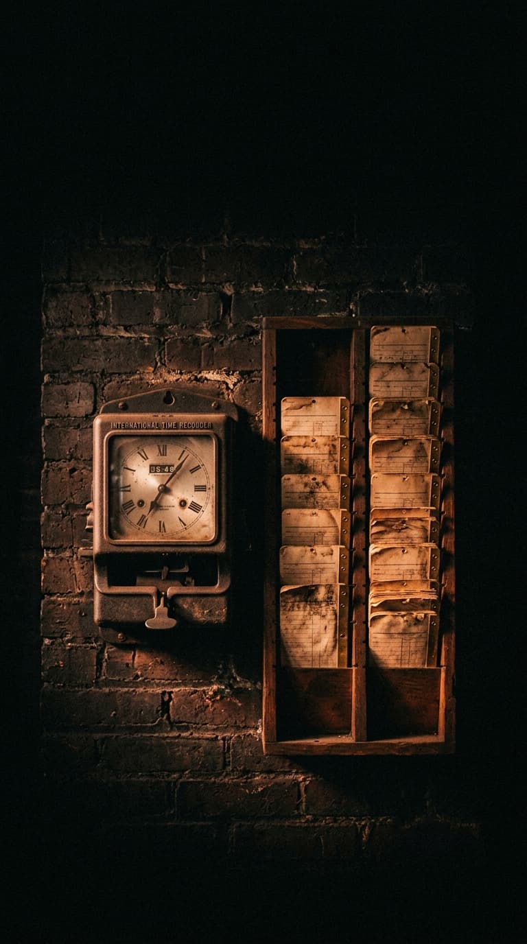 A heavy mechanical factory punch-clock on dark brick beside a wooden rack of worn time cards, warm rust light catching the clock face.