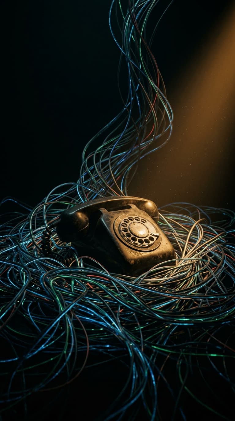 Een vintage draaischijftelefoon half begraven in glasvezelkabels, verlicht door één warm roestkleurig Rotterdams-baksteen-licht dat wegvalt in absoluut zwart.