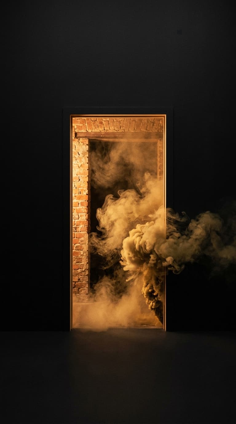 Een gewelfde deuropening uitgesneden in een zwarte bakstenen muur, gevuld met dikke koperkleurige rook, verlicht door één warm licht.