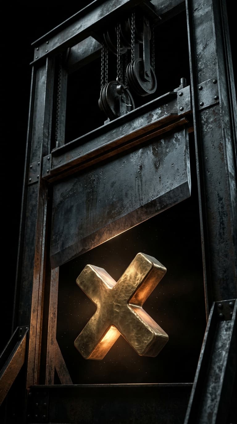 Een industrieel guillotinemes dat boven een gloeiend koperen vermenigvuldigingsteken hangt in donkere ruimte, met een gieterij-esthetiek.