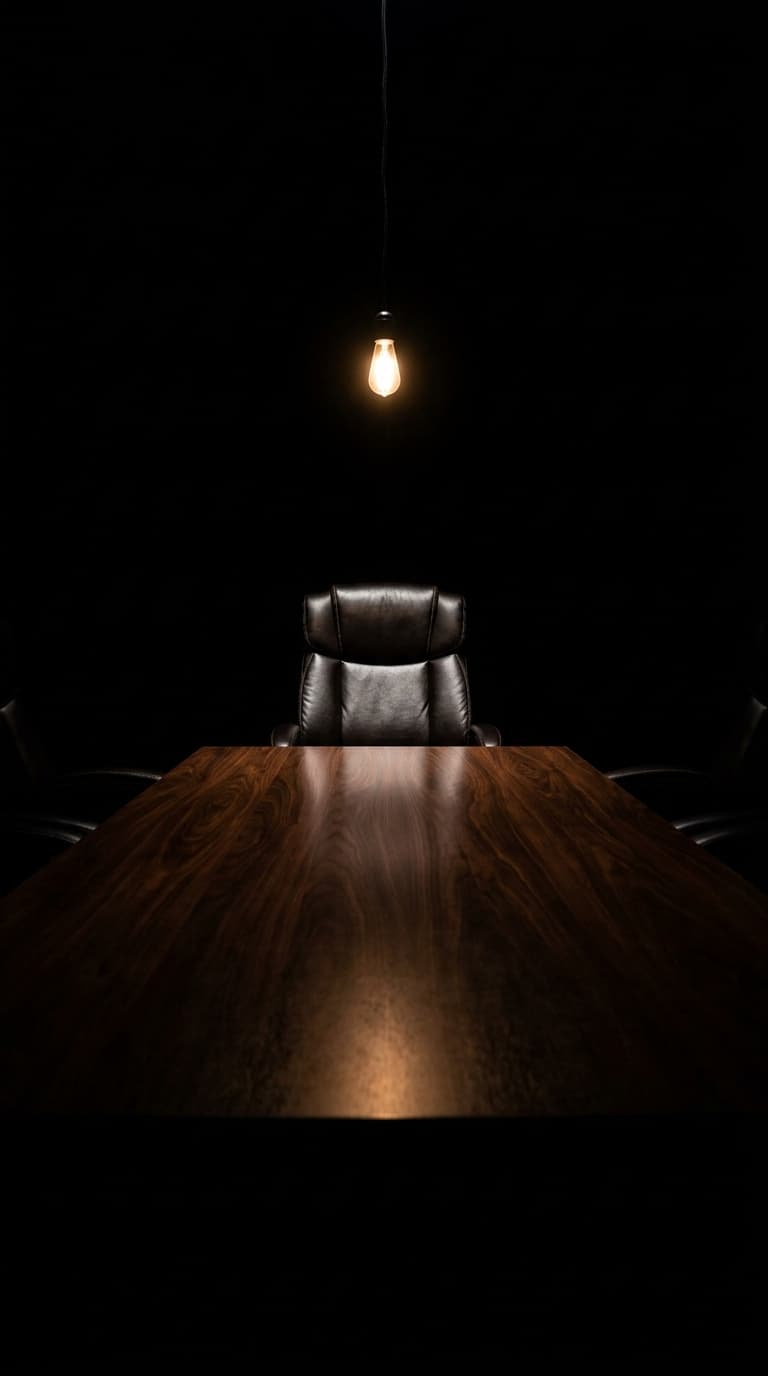 Een lege antieke leren stoel aan het hoofd van een lange donkere vergadertafel, met één kale lamp erboven, de kamer wegvallend in het zwart.
