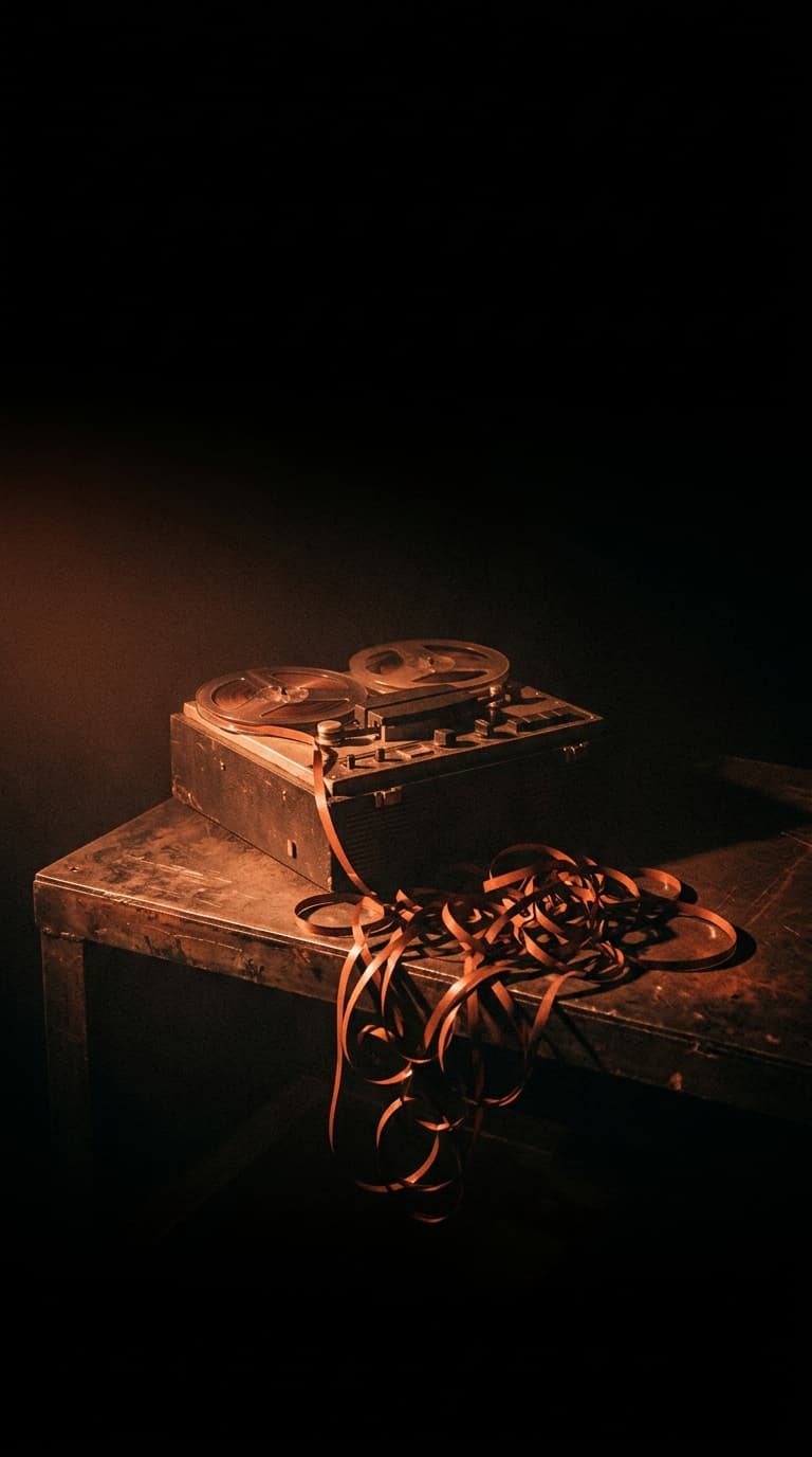 A vintage reel-to-reel dictation machine on a scarred steel workbench, its tape spilling into one long chaotic coil, lit by a single warm rust light fading to black.