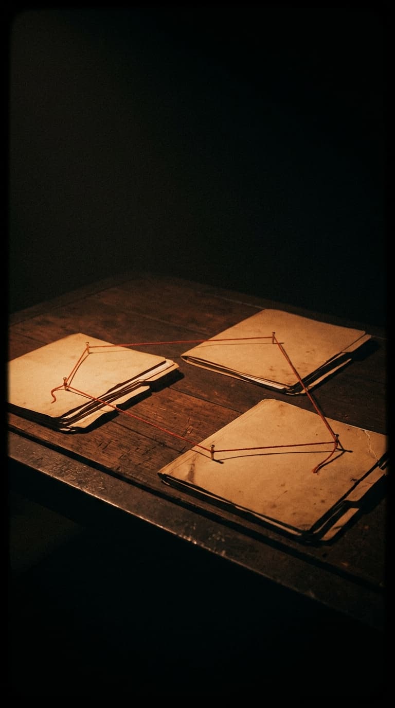 Three worn manila folders pinned open on a foundry workbench, joined by a single taut red thread wound around brass pins — a circuit made of paper.