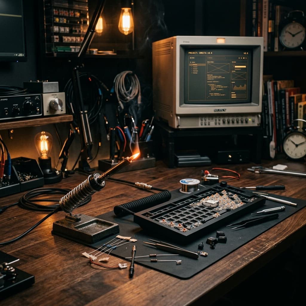 Illustratie van een bureau met geknutsel — een soldeerbout, een half uit elkaar gehaald toetsenbord, in de hoek een monitor met een half afgemaakt prototype. Warm randlicht dat wegvalt in het zwart.