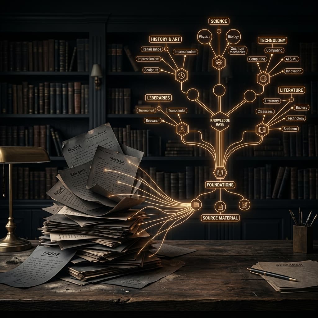 Een rommelige stapel papieren documenten die door dunne lijnen van warm licht in een nette boom van knooppunten wordt getrokken. Bibliotheek-ontmoet-mindmap-esthetiek.