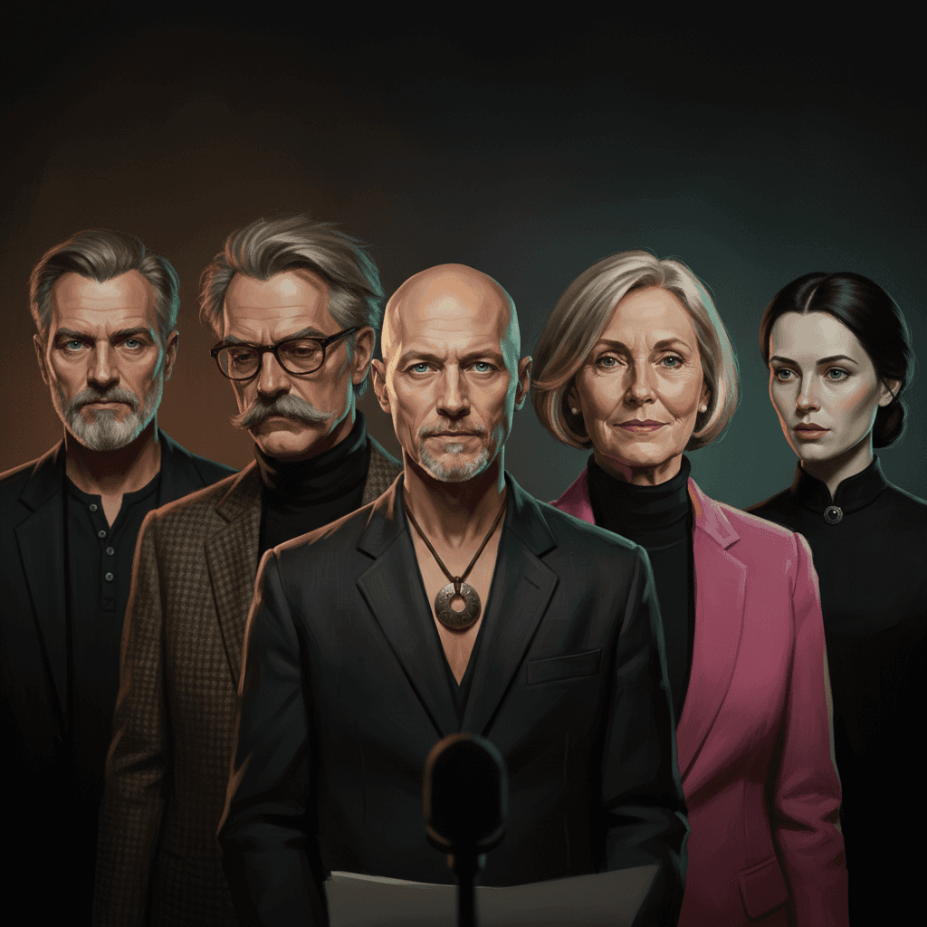 Painted group portrait of the cast: FRITS, DINO, ORACLE, ANGELA, MARIE