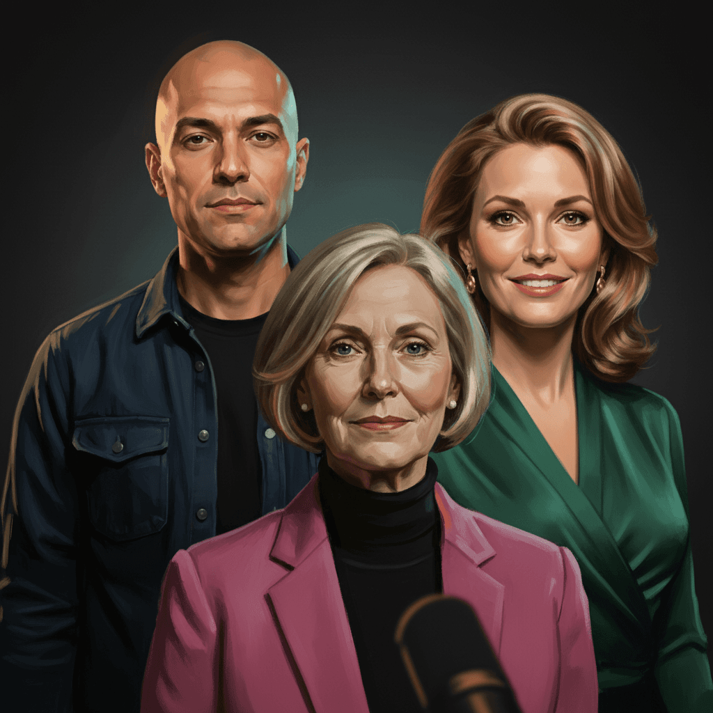 Painted group portrait of the cast: RUTGER, ANGELA, SAAR