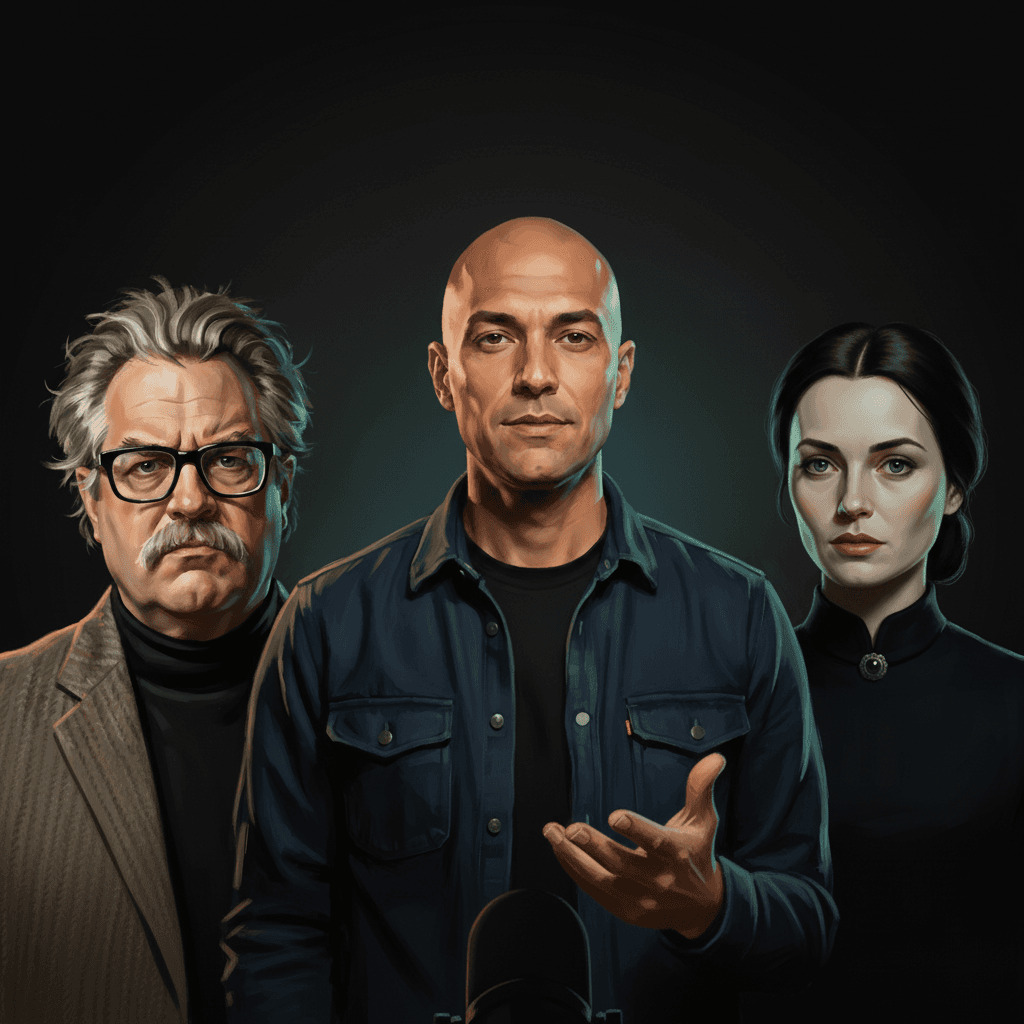 Painted group portrait of the cast: RUTGER, DINO, MARIE