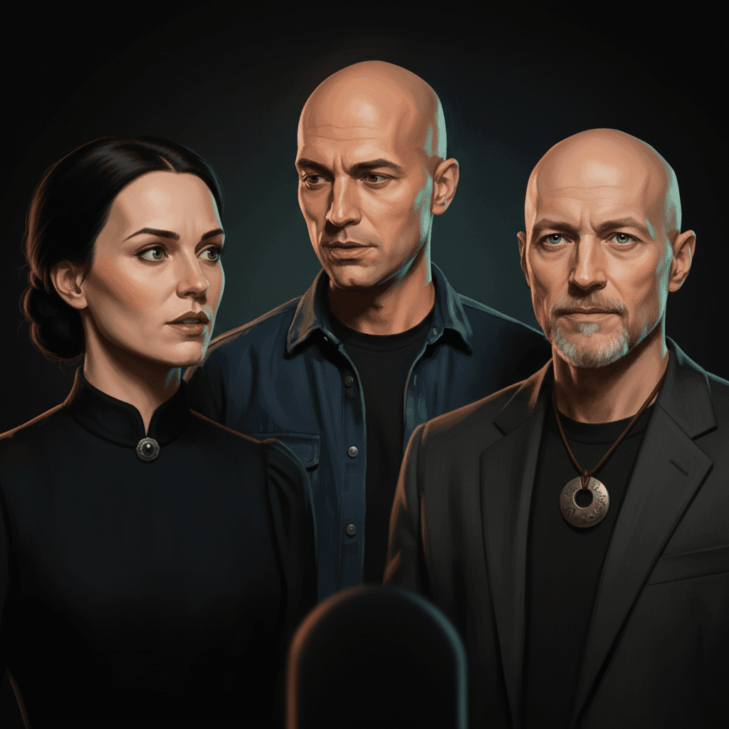 Painted group portrait of the cast: RUTGER, ORACLE, MARIE