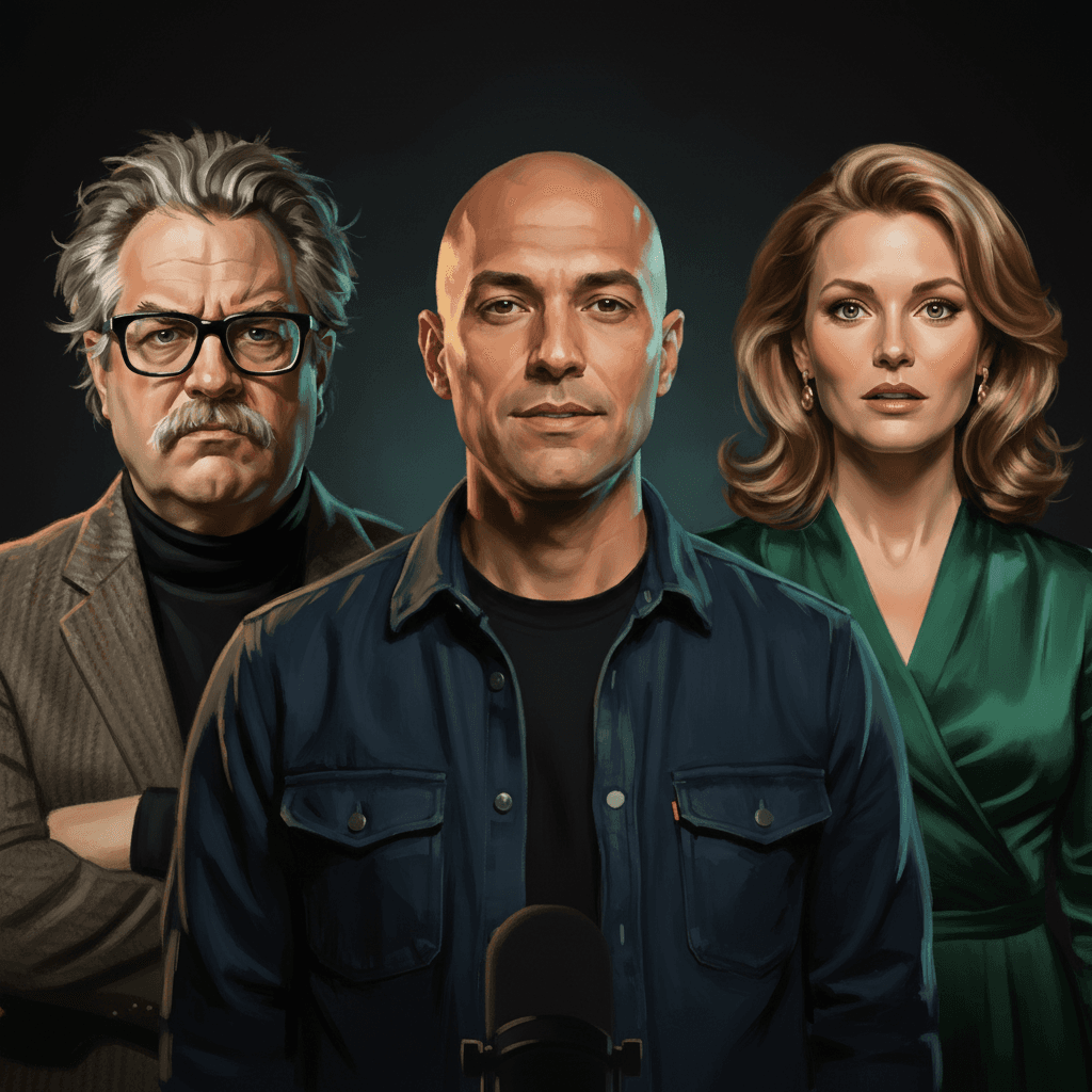 Painted group portrait of the cast: RUTGER, DINO, SAAR