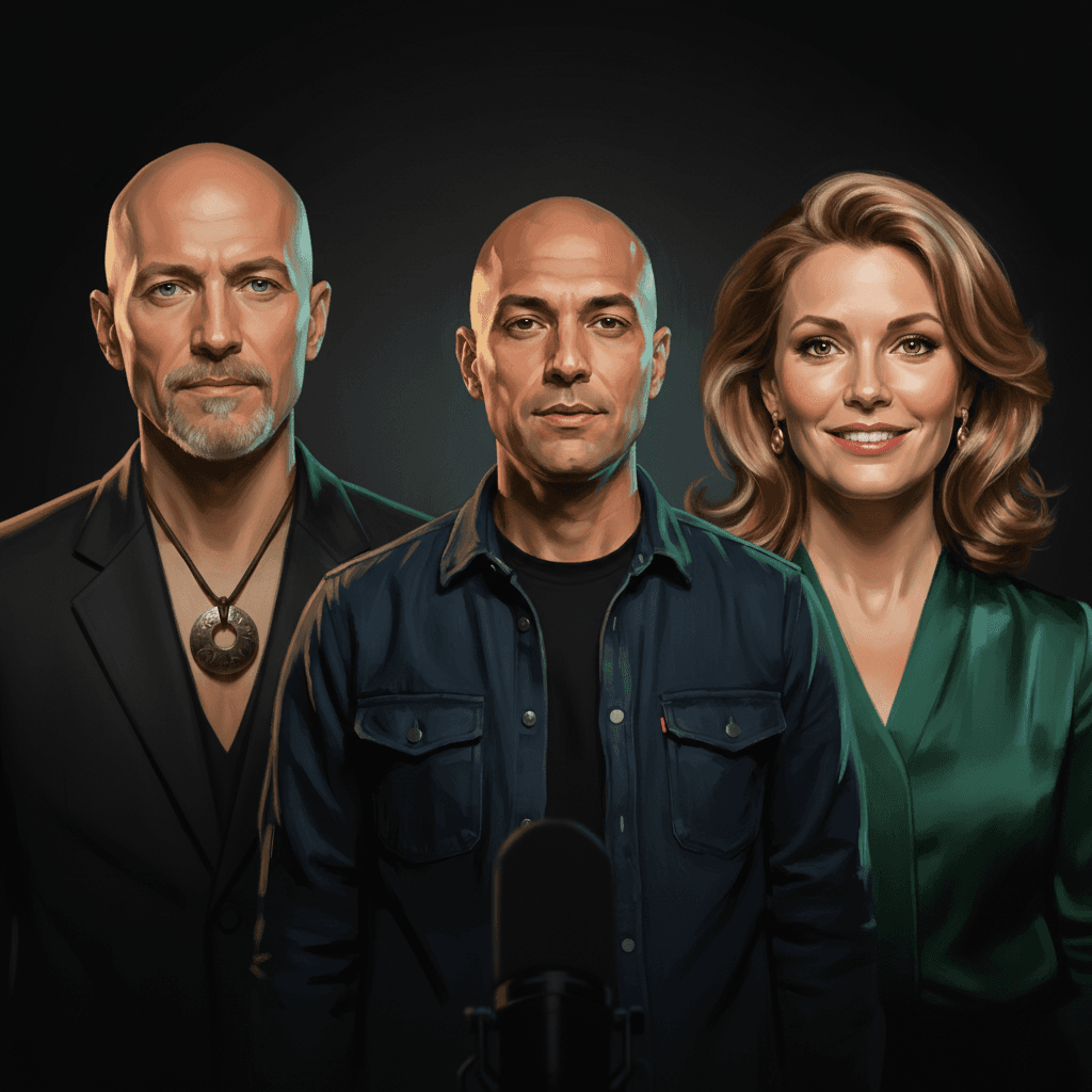 Painted group portrait of the cast: RUTGER, ORACLE, SAAR