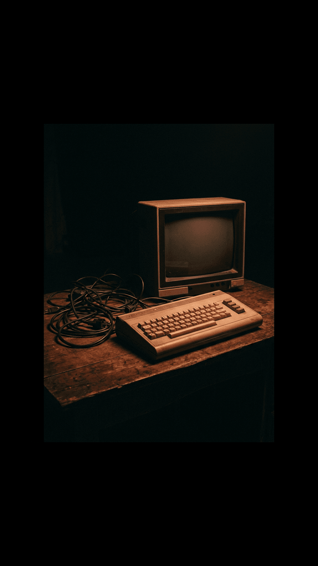 A 1980s breadbox home computer and a boxy CRT monitor on a dark desk, lit by a single warm rust light fading to absolute black.