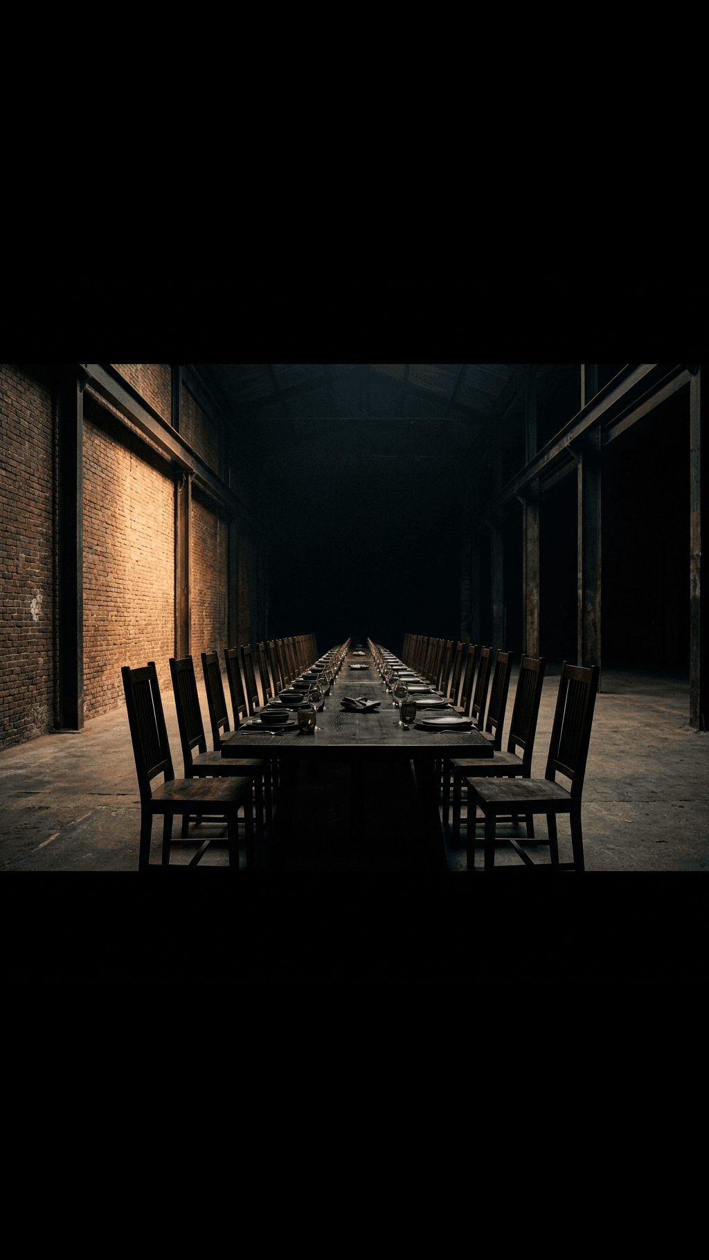 A long dark banquet table lined with many empty high-backed chairs receding into blackness, lit by a single warm rust light.