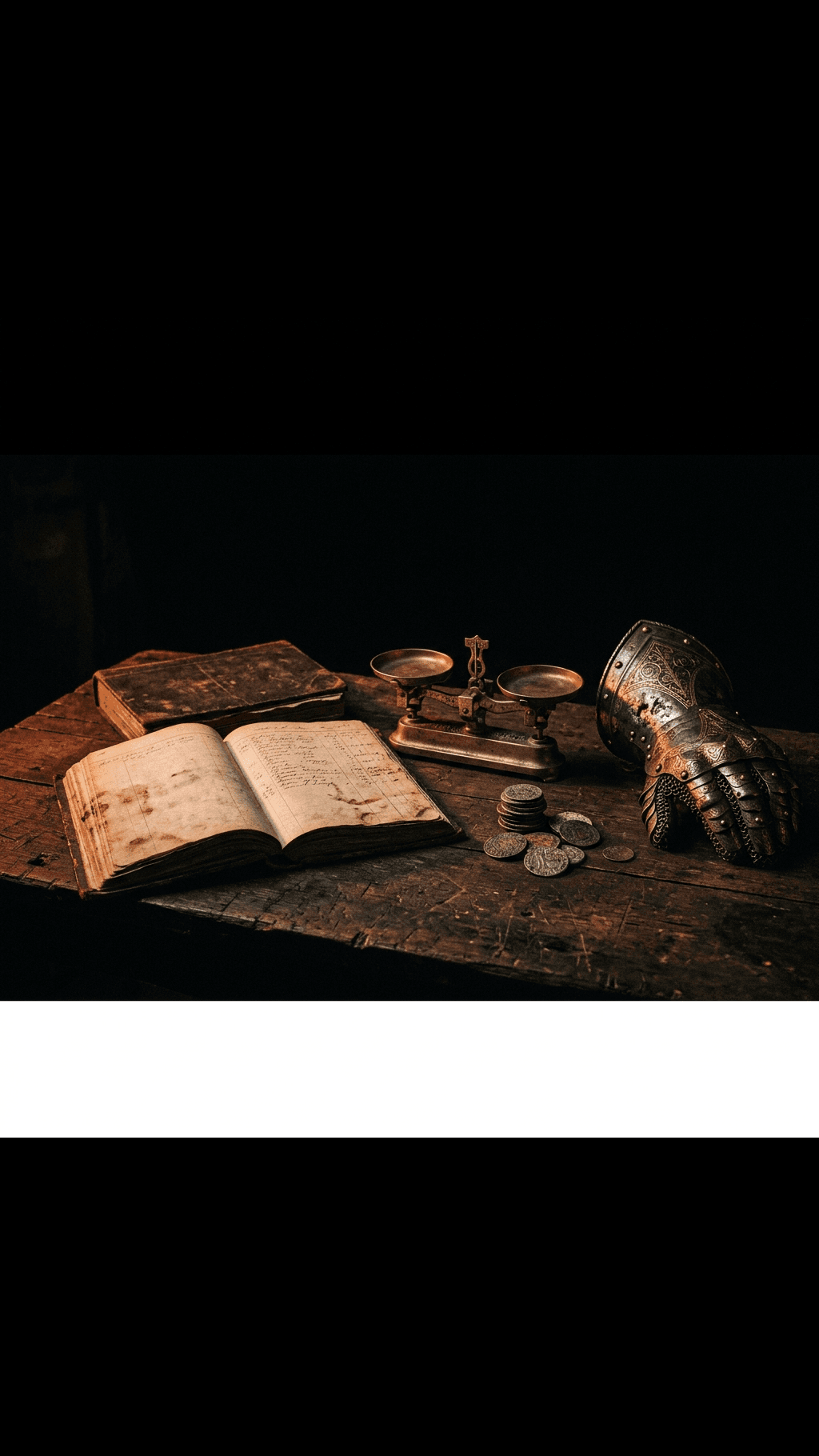 A worn open leather ledger beside a small brass balance scale, stacked coins, and an ornate piece of armour on a dark table, warm rust light.