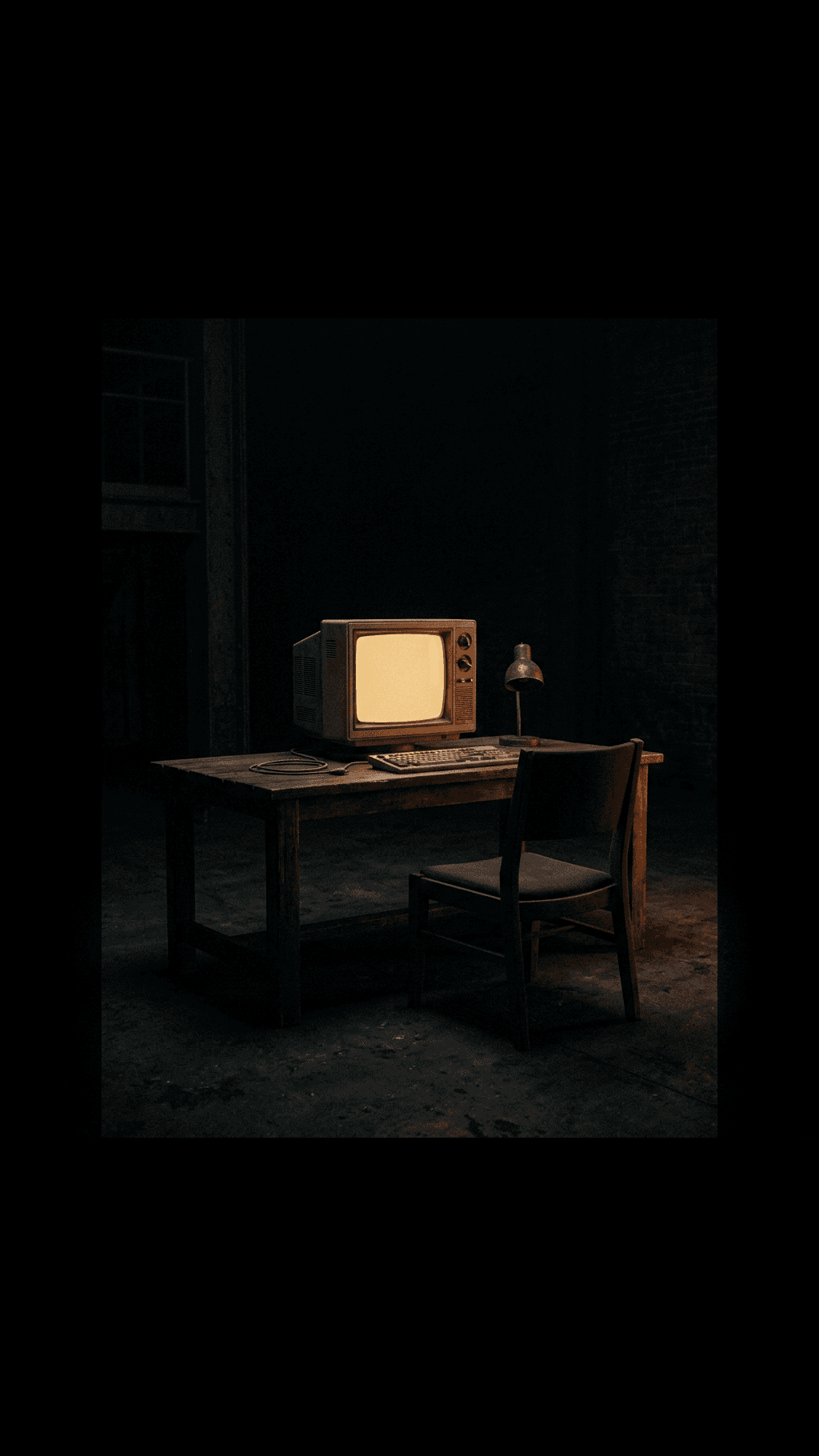 A single old CRT monitor glowing faint warm amber in a pitch-black room with an empty chair pushed back from the desk.