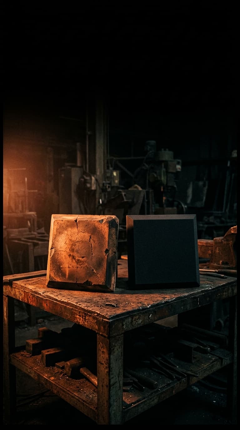A flawless acoustic tile beside a worn, chipped one on a workbench; the worn one lit warm, the perfect one in shadow.