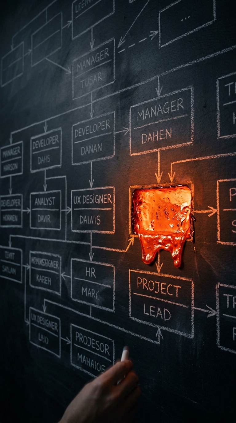 An organisational chart drawn in white chalk on a black slate wall, one box filled with glowing molten metal in Rotterdam-brick rust.
