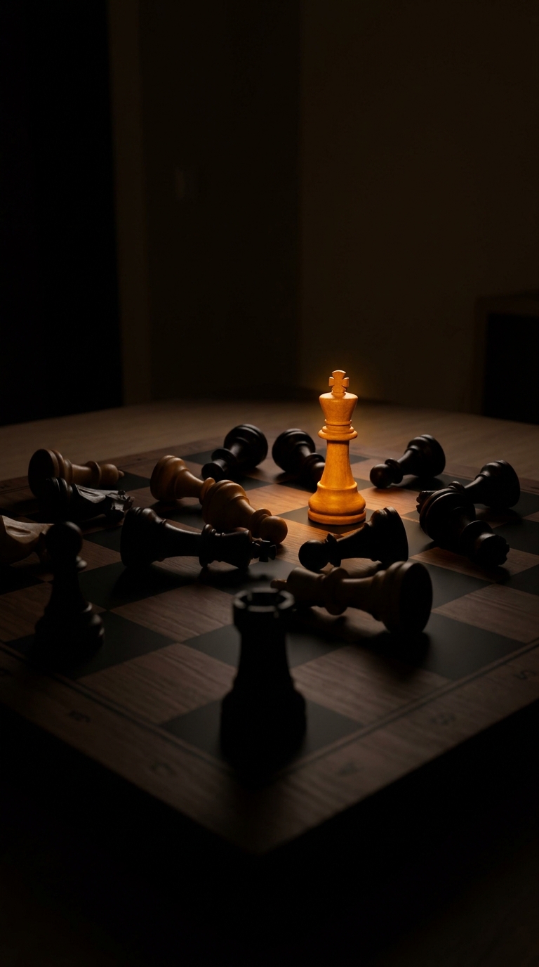 A chess board mid-game viewed low, most pieces tipped over, a single warm-lit king standing as silhouettes fade to black.