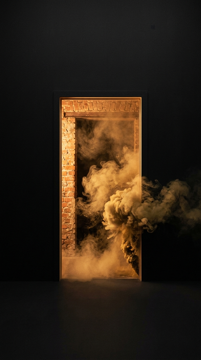 An arched doorway cut into a black brick wall, filled with thick brass-coloured smoke, lit by a single warm light.
