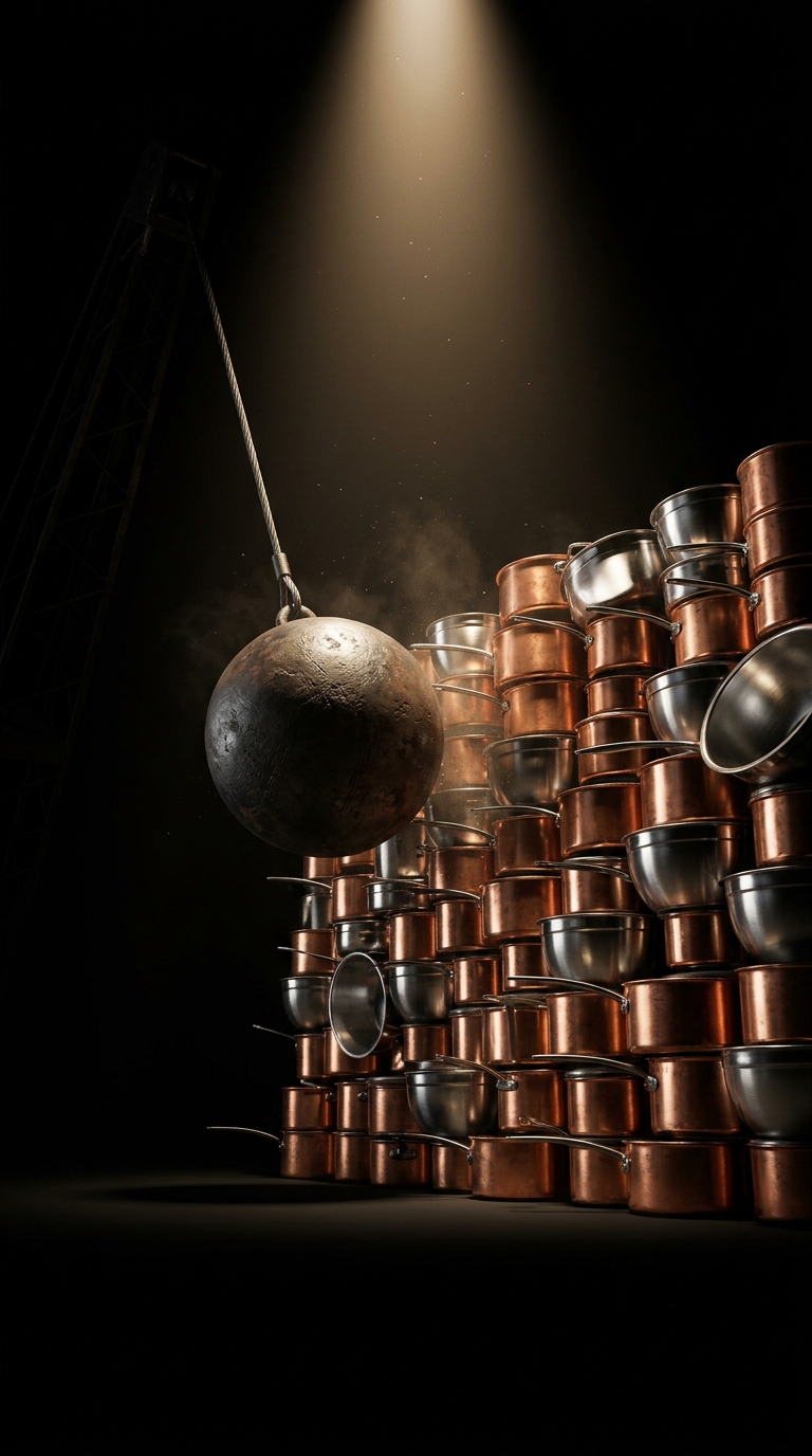 A demolition wrecking ball mid-swing about to hit a wall built from stacked copper pans and stainless mixing bowls, single warm spotlight.