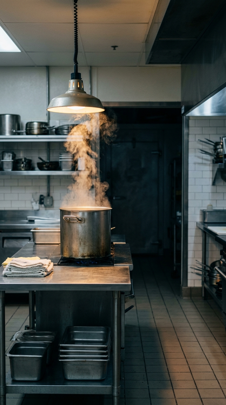 An empty professional restaurant kitchen at 4pm, stainless table under a warm pendant light, steam from a stock-pot, doorway fading to black.
