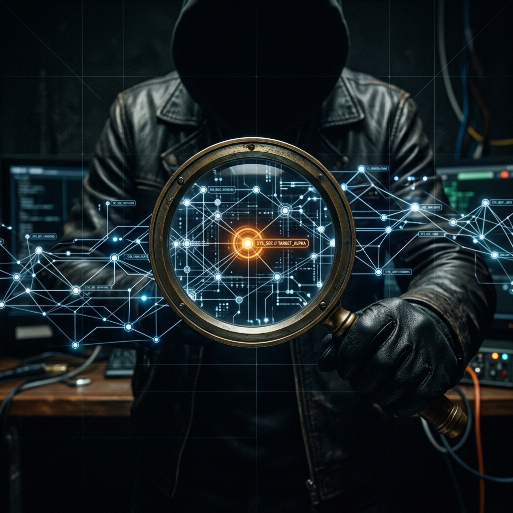 Magnifying glass over a graph of nodes and connections, half lit, with one node circled in warm light. Detective-vs-archive aesthetic.
