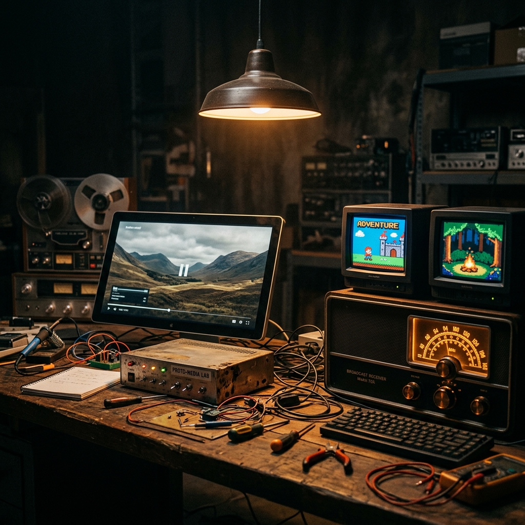 A workbench scattered with prototypes — a paused video frame, a glowing radio dial, two CRT monitors showing pixel art. Maker's-studio aesthetic.