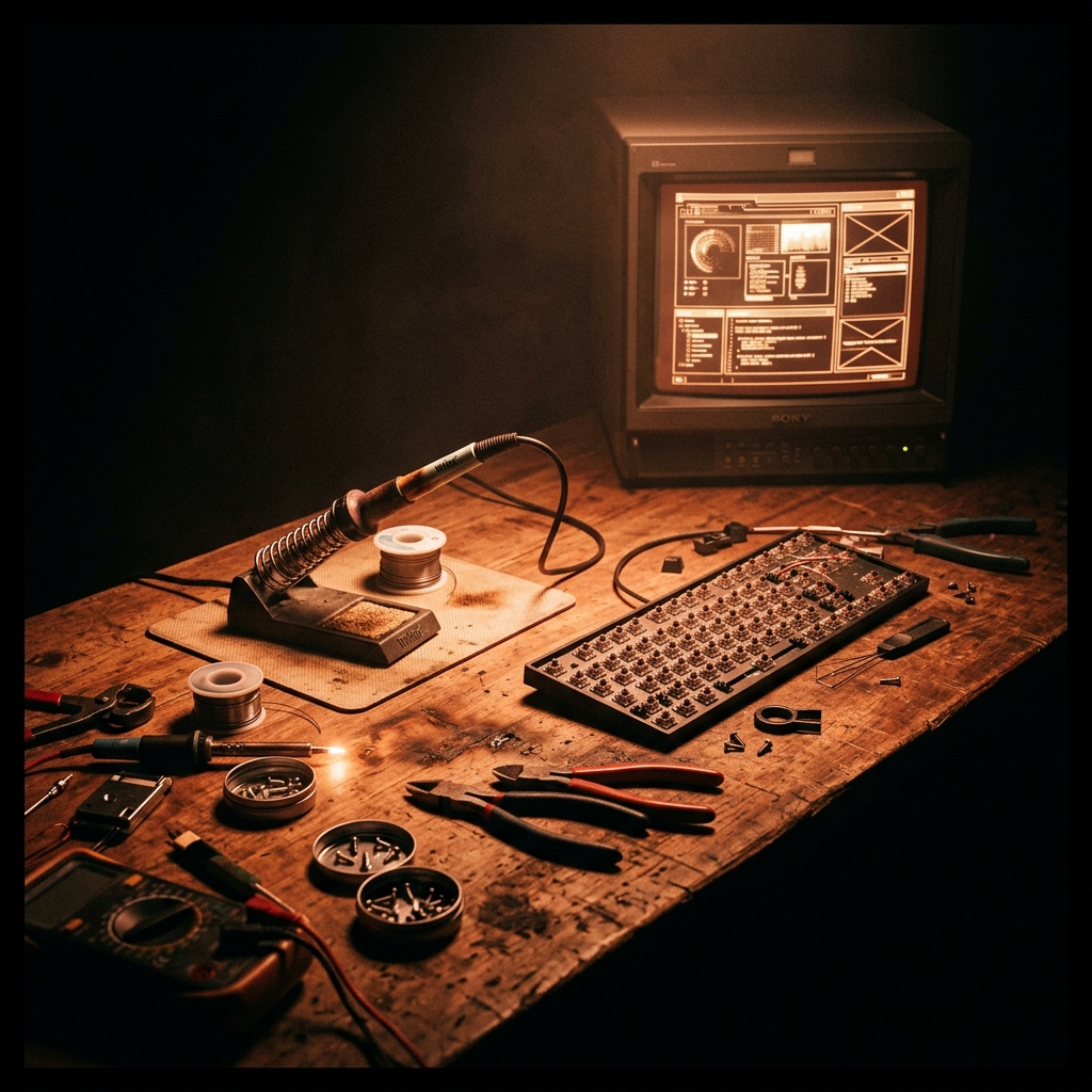 Workshop desk in warm rim light — soldering iron, half-disassembled keyboard, a monitor in the corner showing a prototype mid-build.
